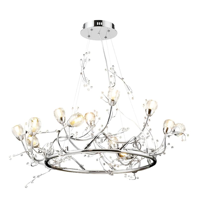 12 - Light Crystal Round Rose Flowers Tree Like Chandelier - Chome