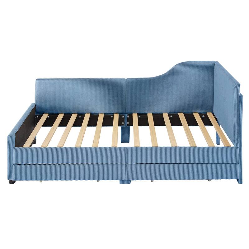 L-Shaped Corduroy Daybed,Upholstered Bed Frame with 2 Storage Drawers