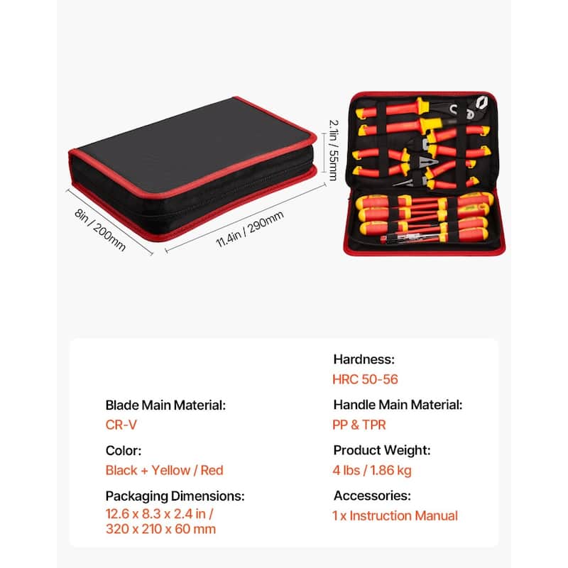 12-Piece Insulated Screwdriver Tool Set with Magnetic tip Blades Ideal for Electrician or Technician - 11.4” x 8” x 2.1”