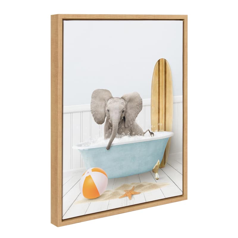 Kate and Laurel Sylvie Elephant Bath Framed Canvas by Amy Peterson - 18x24 - Natural
