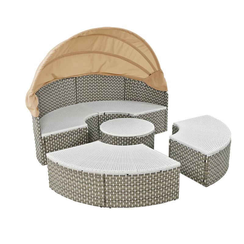 5-Piece Sectional Sofa Set, Round Rattan Outdoor Daybed with Retractable Canopy and Adjustable Table,with Cushions & Pillows