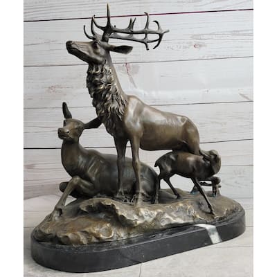 Bronze Sculpture Deer Fawn Stag Buck Family Home Decor Marble Figure Statue