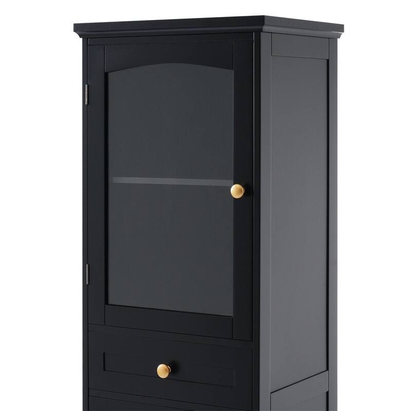 Freestanding Bathroom Cabinet with Glass Door and 2 Storage Drawers, Tall Storage Cabinet Floor Cabinet with Adjustable Shelves