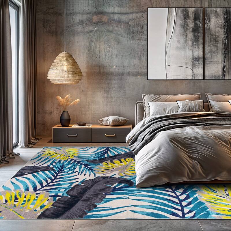 Contemporary Tropical Floral Leaves Non Slip Area Rug