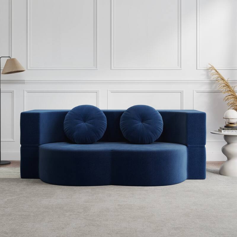 Modern Floor Sofa with 2 Pillows,Convertible Plush Corduroy Foam-Filled Sleeper Sofa Bed