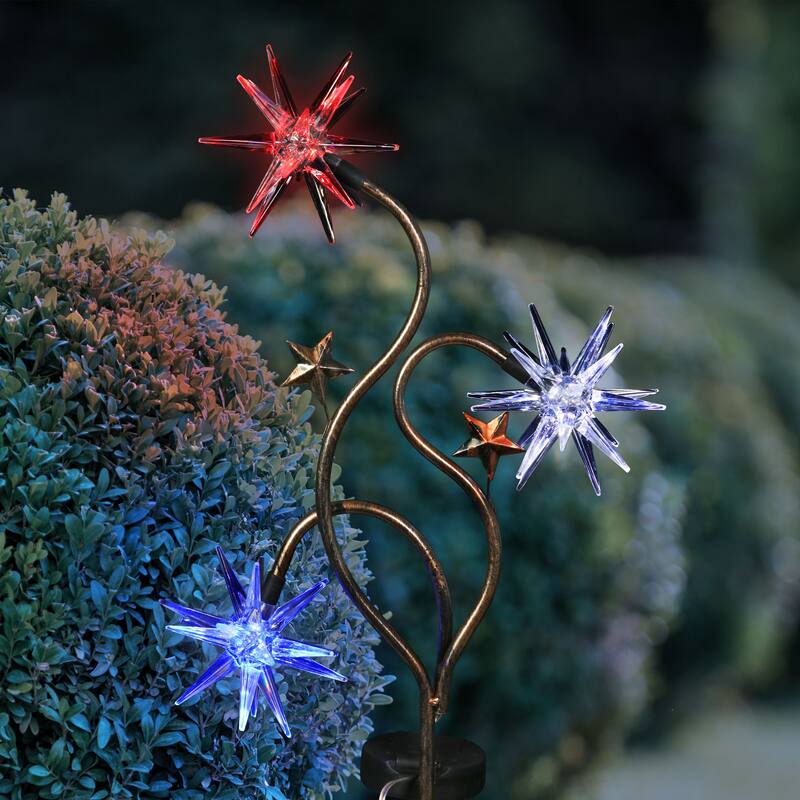 Exhart Solar Patriotic Triple Starburst Garden Stake in Red, White, and Blue with Three LED Lights, 11 by 33 Inches