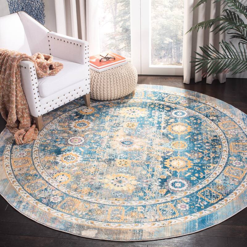 SAFAVIEH Claremont Loveleen Vintage Boho Oriental Polyester Rug - 6'7" Round - Blue/Gold