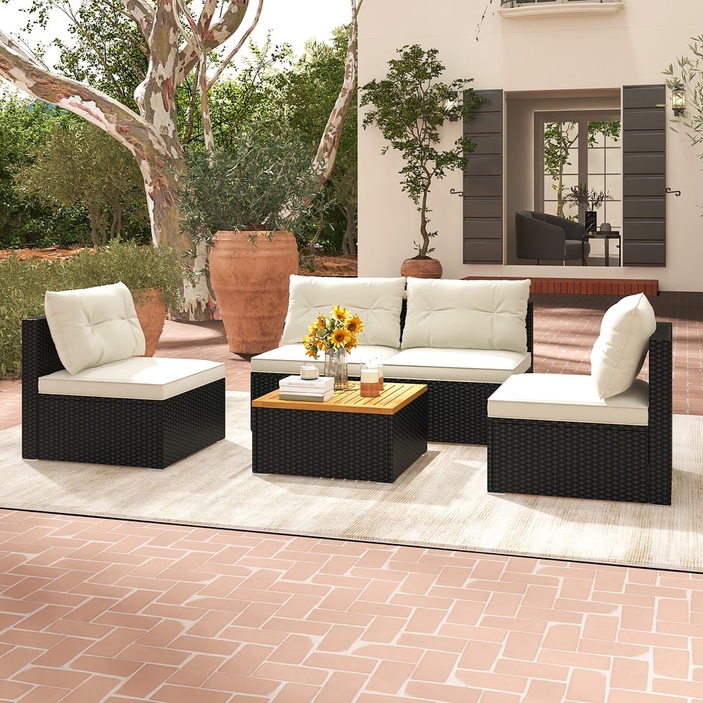 Gymax 5PCS Rattan Patio Conversation Sofa Set Outdoor Furniture Set w/