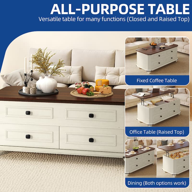 Moasis Farmhouse Lift Top Coffee Table w/2 Drawers Hidden Compartment and Storage, Square/Rectangular