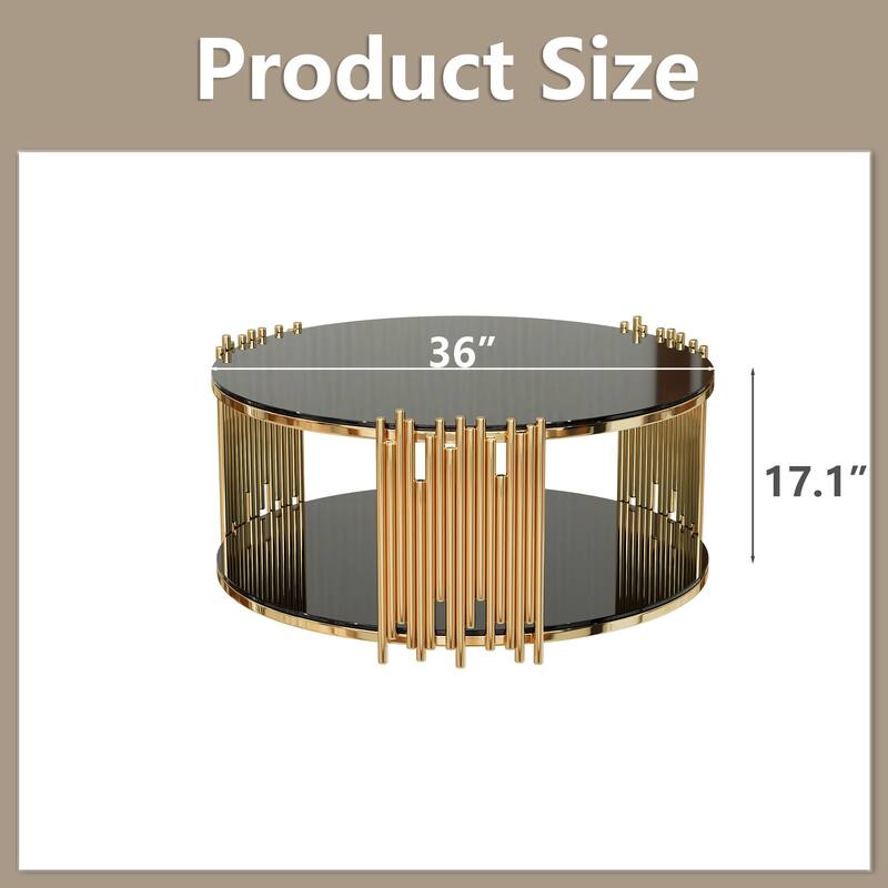 Modern Minimalist Circular Coffee Table Black Glass Top Golden Metal Frame Living Room Furniture - 36" x 17.1"