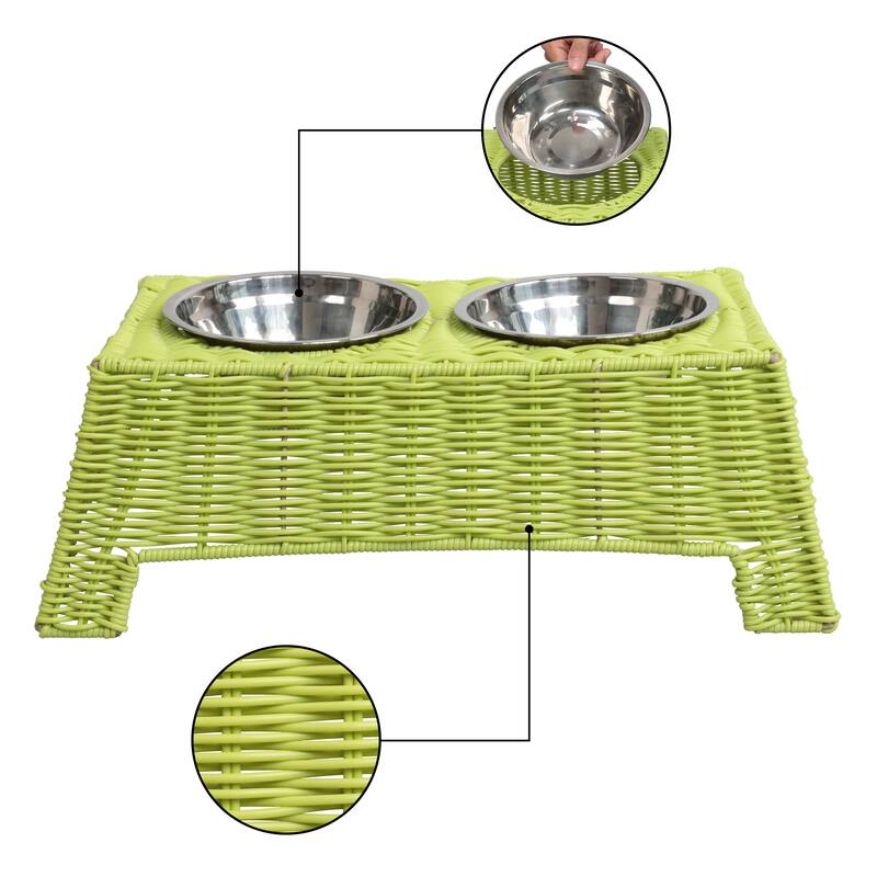 Serenity Elevated Pet Feeder 6.9" - Wicker Stand with 18oz Stainless Bowls