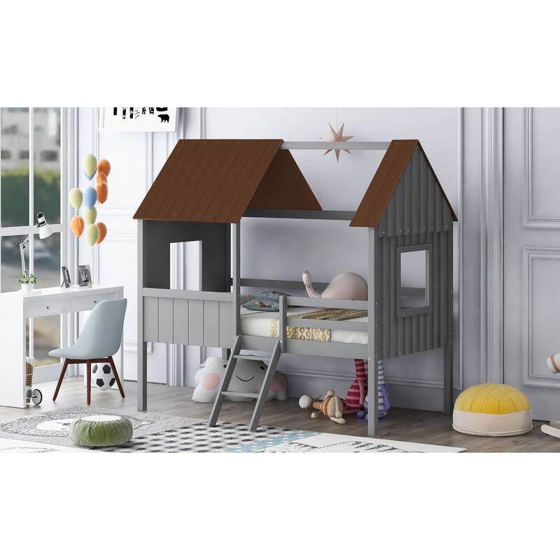 Twin Size Low Loft Wood House Bed with Two Side Windows in Gray and Brown