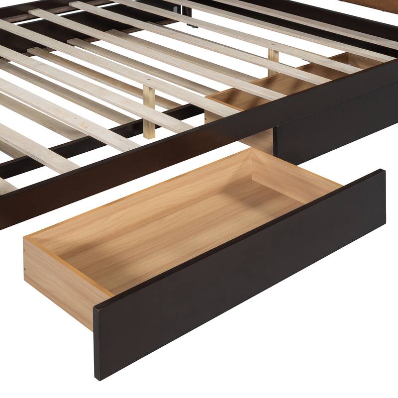 Queen Size Platform Bed with PU Backrest, Trundle Bed & 2 Storage Drawers
