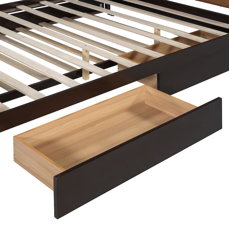 Queen Size Wooden Platform Bed with Upholstered Headboard, Solid Pinewood Storage Bed Frame with 2 Drawers and Twin-XL Trundle