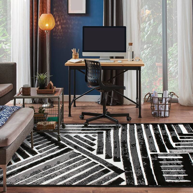 World Rug Gallery Contemporary Stripe Design Black/Gray/Ivory Area Rug