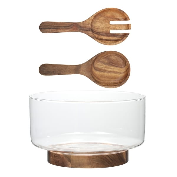 Gibson Elite Wildgreens Large Glass Salad Bowl Set with Marble Base and Acacia Serving Utensils