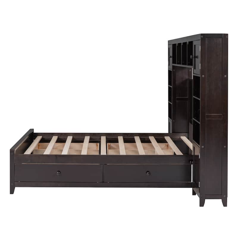 Espresso Full Size Wood Upholstered Bed w/ Cabinet Platform Bed Frame ...