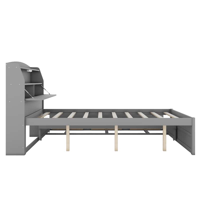 Wood Captain Bed Platform Bed with Trundle and 3 Drawers, Single Bed Frame with Storage Headboard and Integrated LED Light