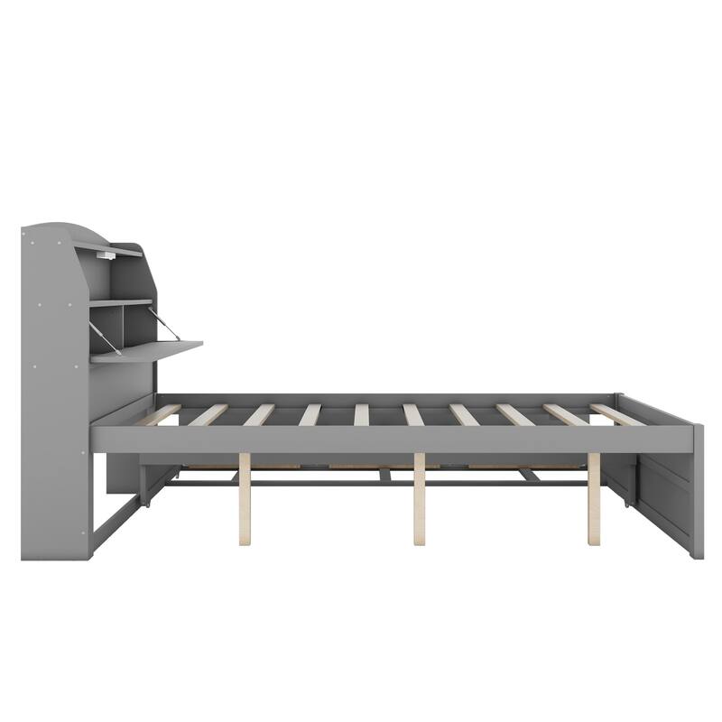 Wooden LED Bed with Trundle and Storage Headboard