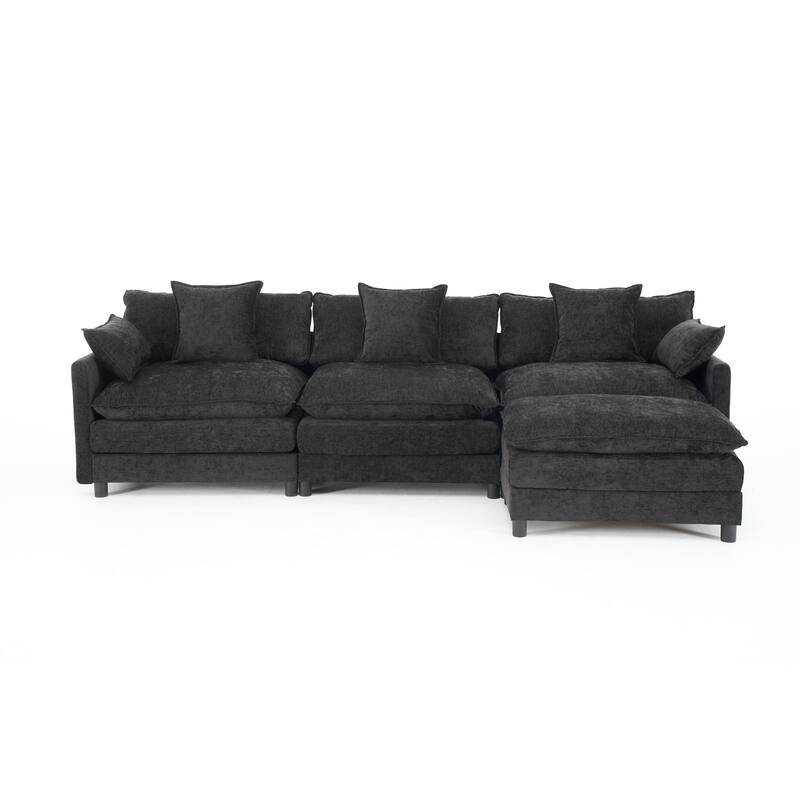 108" L-Shaped Sectional Sofa with Ottoman, 4-Seat Chenille Deep Seat Couch with Pillows, Modern Oversized Sofa for Living Room