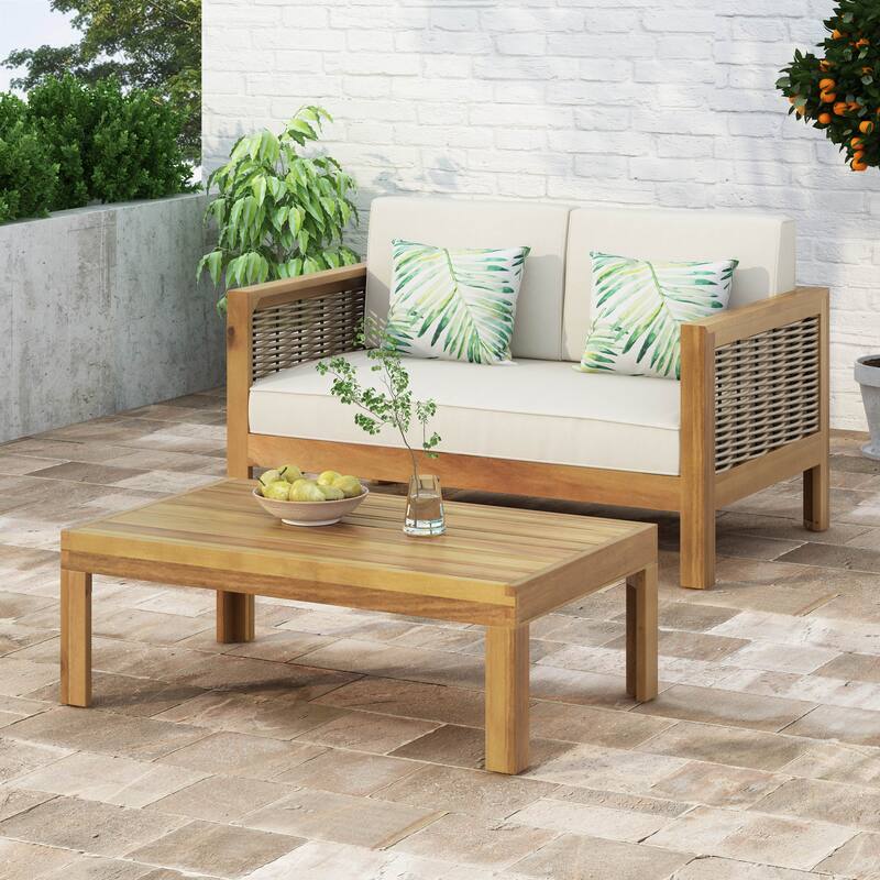 Roomfitters Acacia Wood and Wicker Loveseat Patio Set with Cushions and Coffee Table, Teak Beige - Teak+ Beige