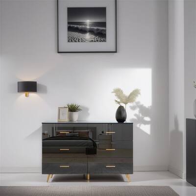 High Glossy Surface 6 Drawers Chest,w/Handle and Steel Legs,Vanity
