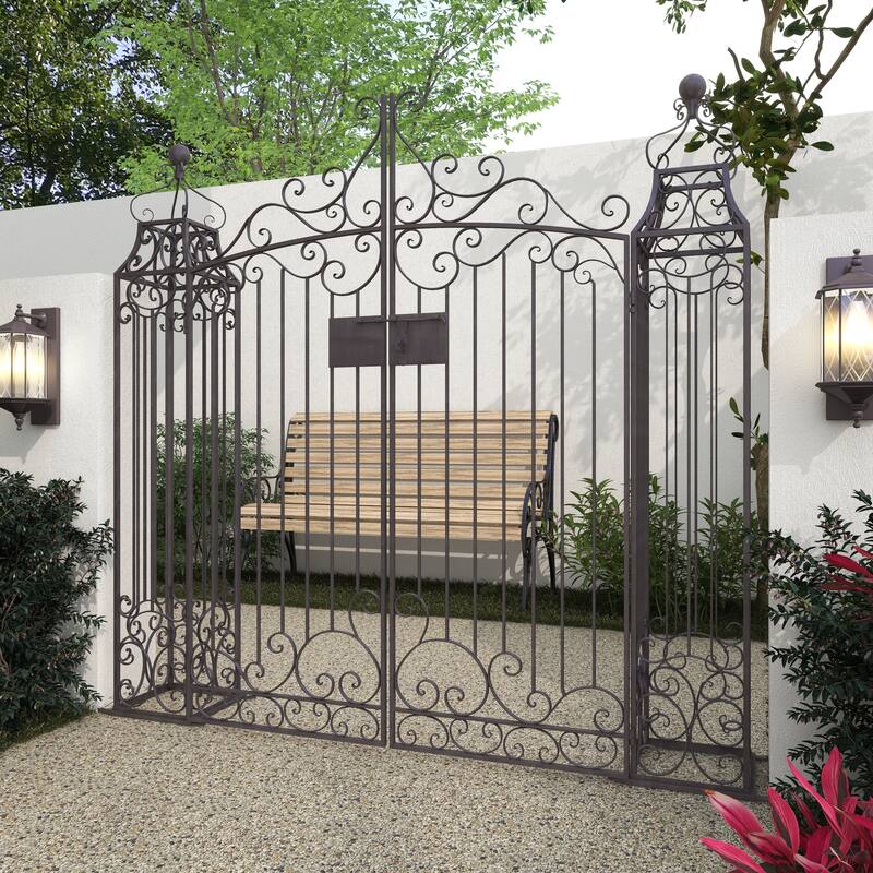 Dark Brown Metal Indoor Outdoor Scrollwork Arched Gate Garden Arbor with Pillars and Latch Lock Closure