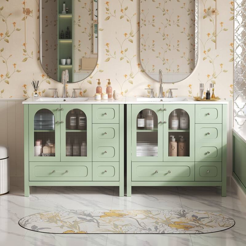 72" Double Sink Bathroom Vanity - Waffle Texture Doors, 8 Drawers & 4 Soft-Close Cabinets, Large Storage with Glass Accents - Green