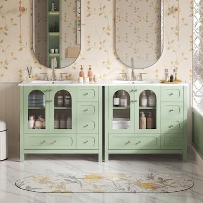 72" Double Sink Bathroom Vanity - Waffle Texture Doors, 8 Drawers & 4 Soft-Close Cabinets, Large Storage with Glass Accents