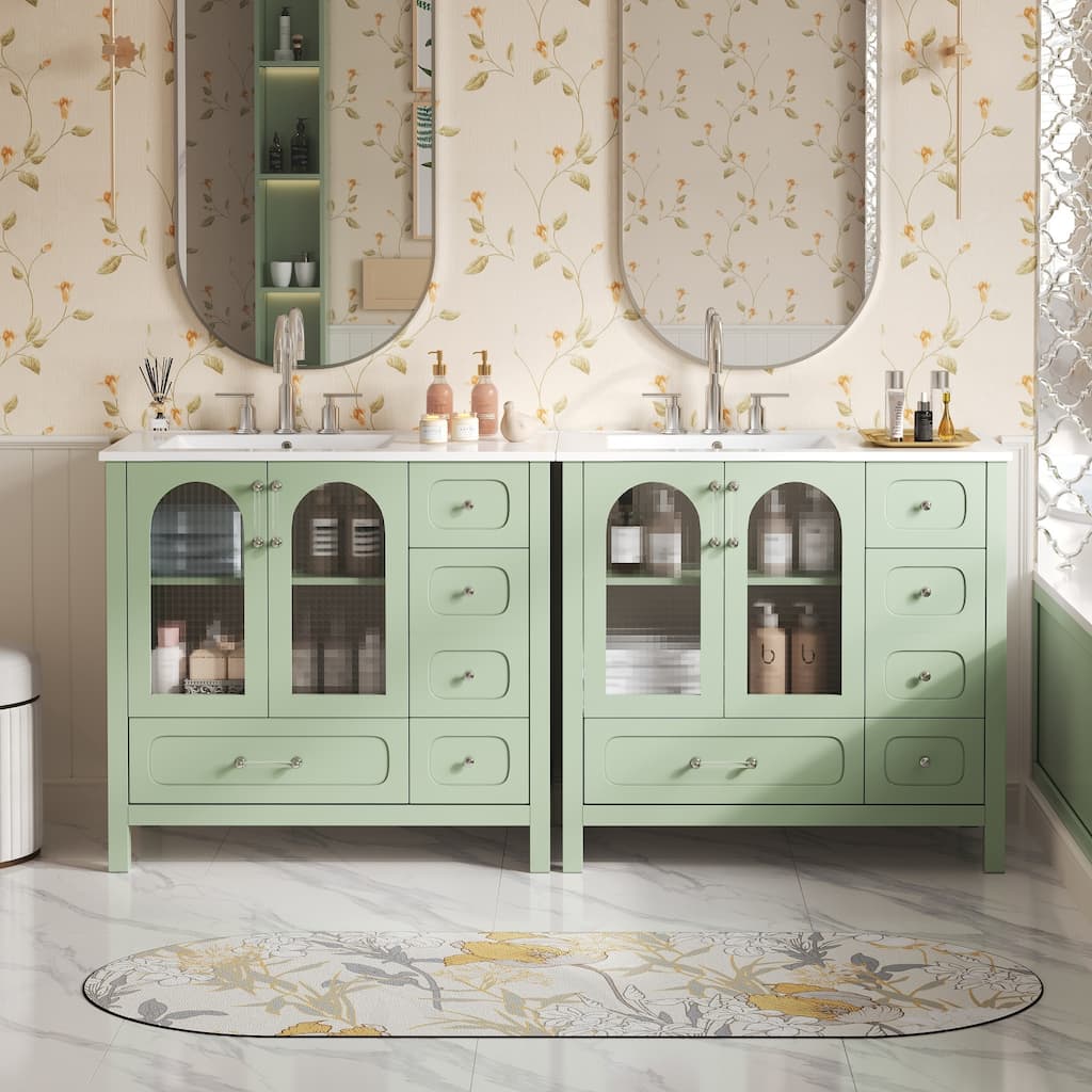 72" Double Sink Bathroom Vanity - Waffle Texture Doors, 8 Drawers & 4 Soft-Close Cabinets, Large Storage with Glass Accents