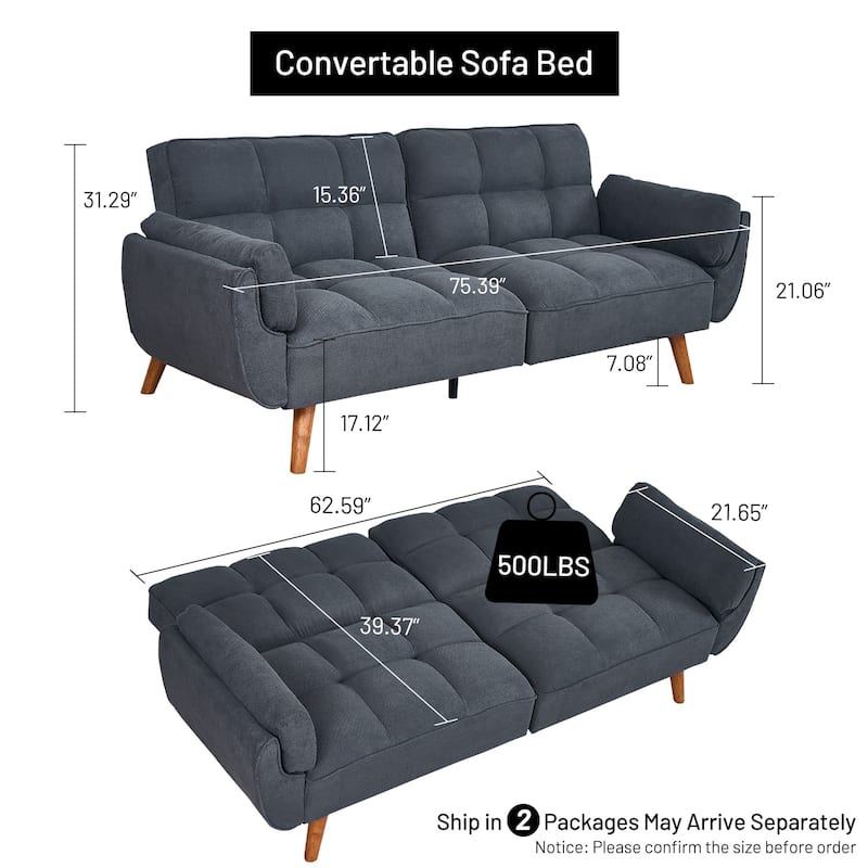 75″ Convertible Futon Sofa Bed, Small Futon Couch with Adjustable Backrest, Sleeper Sofa Couches for Small Living Room, Office
