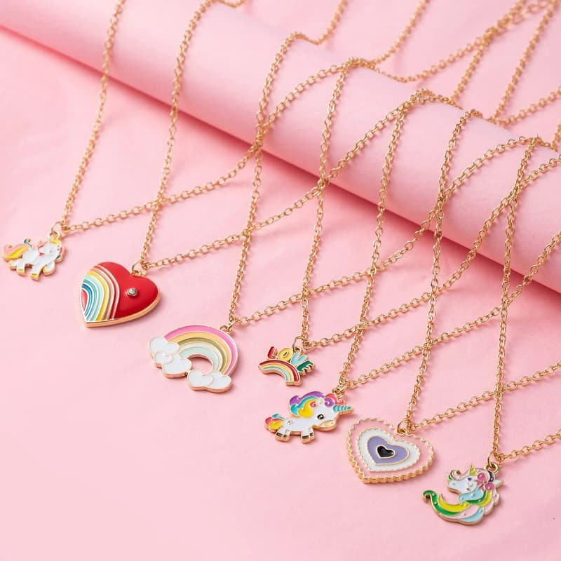 14 Pcs Valentine's Day Cute Necklaces for Teen Girls, Featuring Love Heart Shapes, Unicorns, and Rainbows, with 10 Unique Design