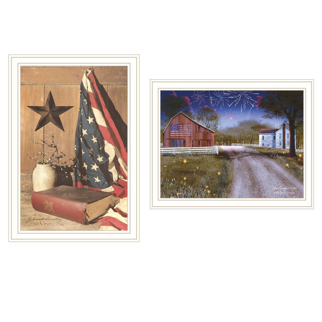 2-Piece Framed Wall Art Set - Star Spangled Night & God & Country, White Frame