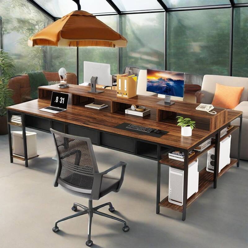78" Double Computer Desk for 2 Person with Storage Shelves and Monitor Stands Rustic Brown Industrial Workstation