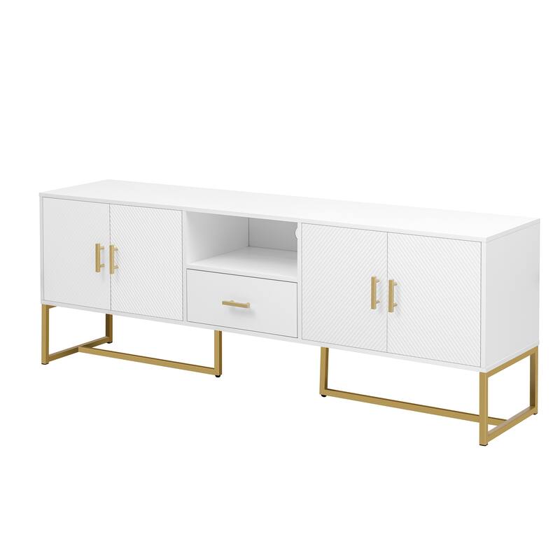 Roomfitters Modern TV Stand for up to 70 Inch TV, Media Cabinet with Drawer, Metal Legs and Safety Features, Black