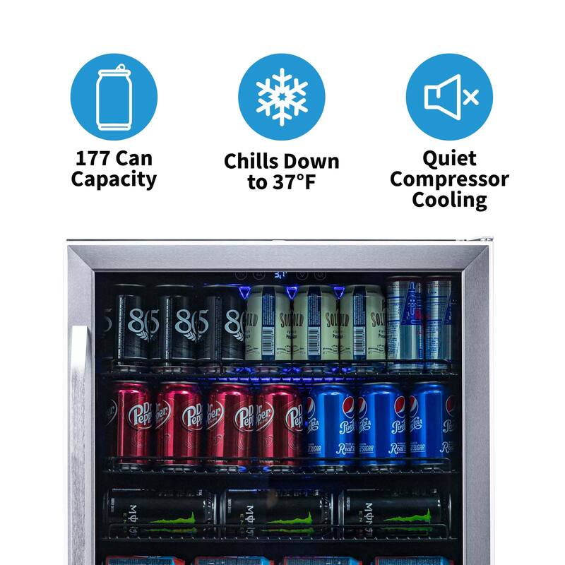 Newair 24" Built-in 177 Can Beverage Fridge in Stainless Steel with Precision Temperature Controls, Adjustable Shelves,