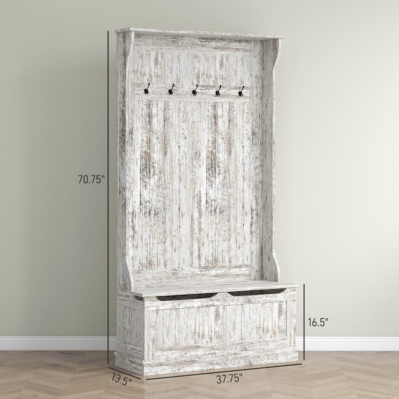 Entryway Bench Hall Tree with Storage Bench, White Hallway Bench Indooe Bench Coat Rack with 4 Hooks and Shoe Storage