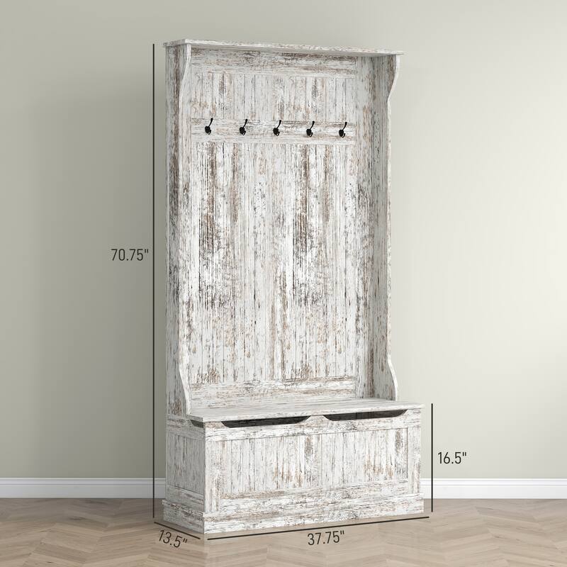 Modern Coat Rack with Anti-Tip Device Storage Bench 5 Hooks and Shoe Cabinet, for Entry and Hallway, Distressed White