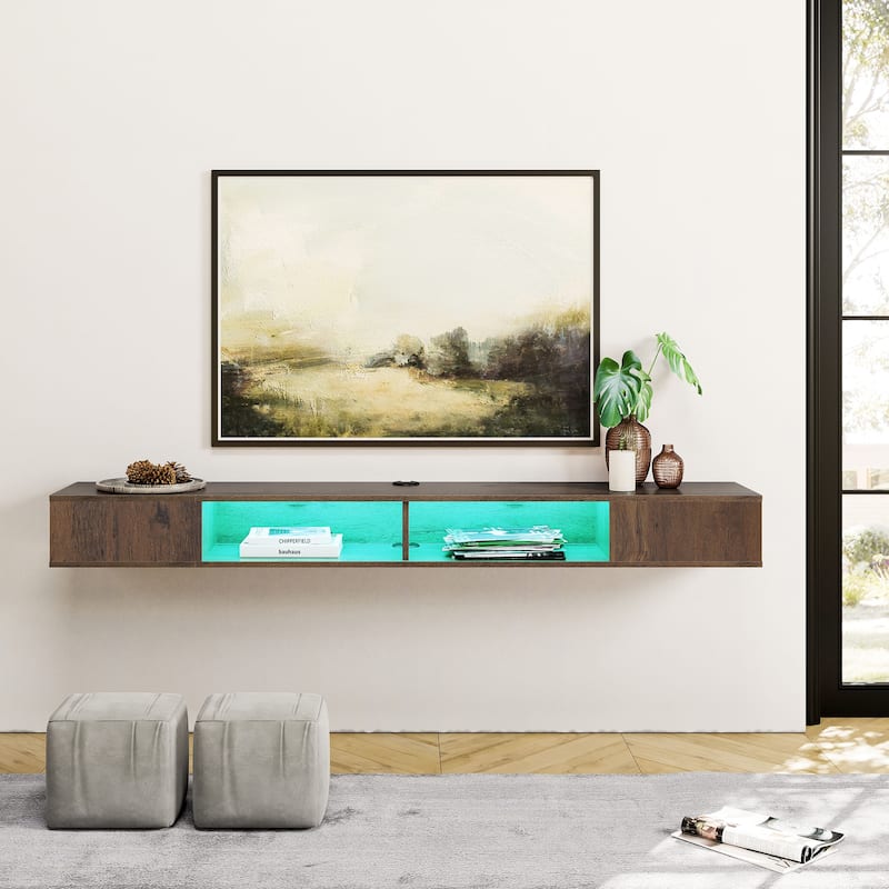 Floating Wall Mounted TV Stand with Storage, Brown, 70 Inch