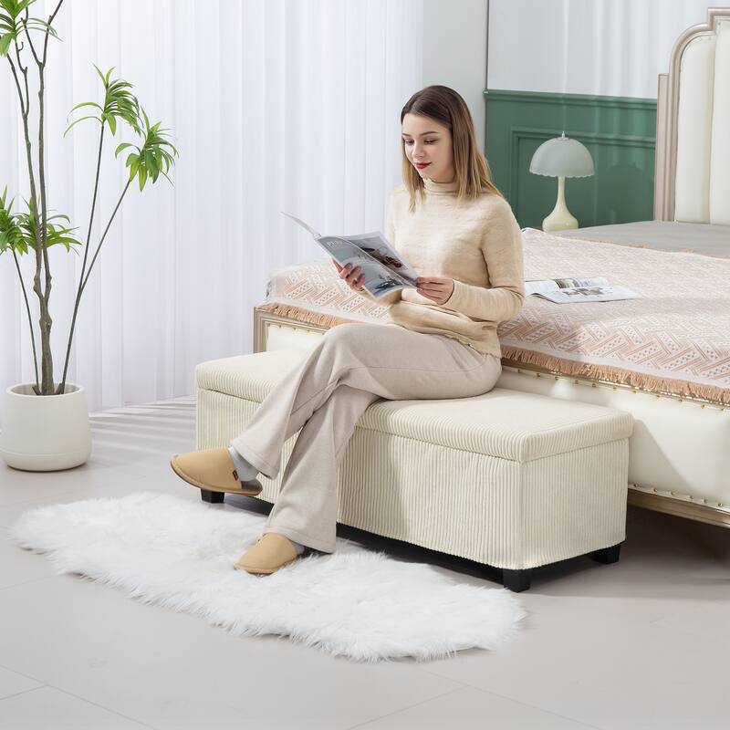 Corduroy Storage Ottoman Bench with Large Hidden Compartment Soft Foam Seat Reinforced - 47.2" W x 16.5" D x 15.7" H - Beige