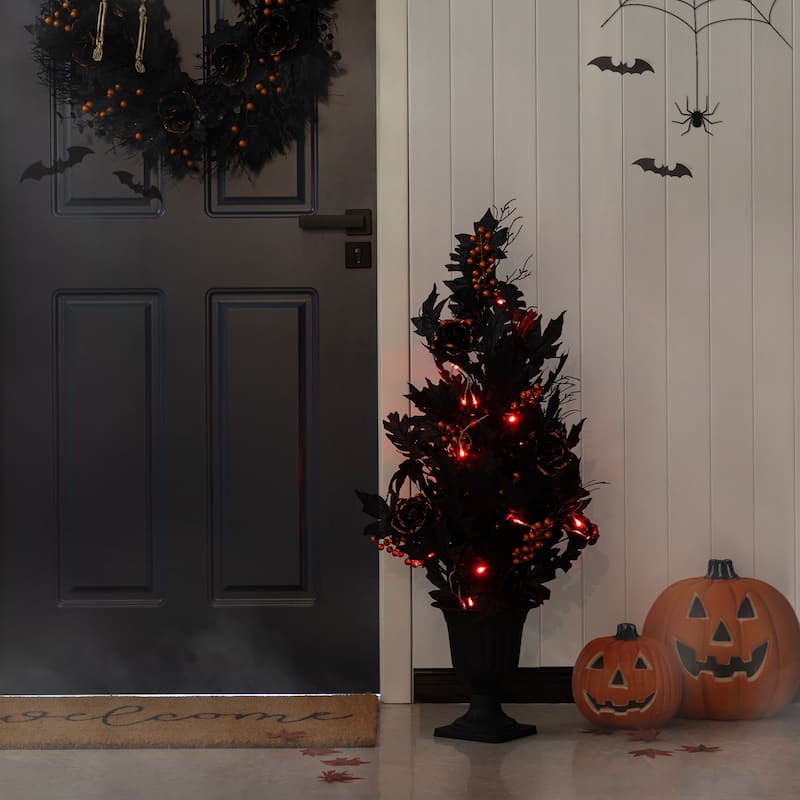 Glitzhome 36"H Halloween Lighted Black Rose Urn Porch Tree with Timer