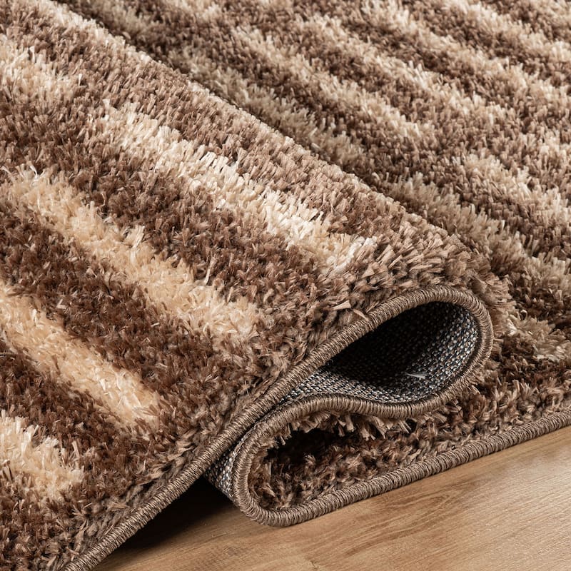 Bohemian Stripe Lines Shag Rug - Textured Surface - Anthracite Dark Gray - Easy to Clean