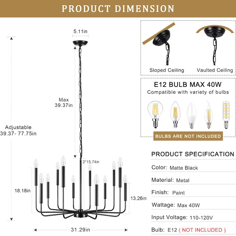 31.29" Wide Farmhouse Chandelier, 12-Light Classic Candle Chandelier for Dining Room Living Room Bedroom Kitchen