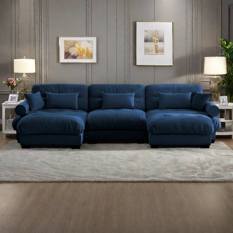 130" 3-Seat Velvet Modular Sectional Sofa with Movable Ottomans, Bolstered Armrests, and Included Pillows