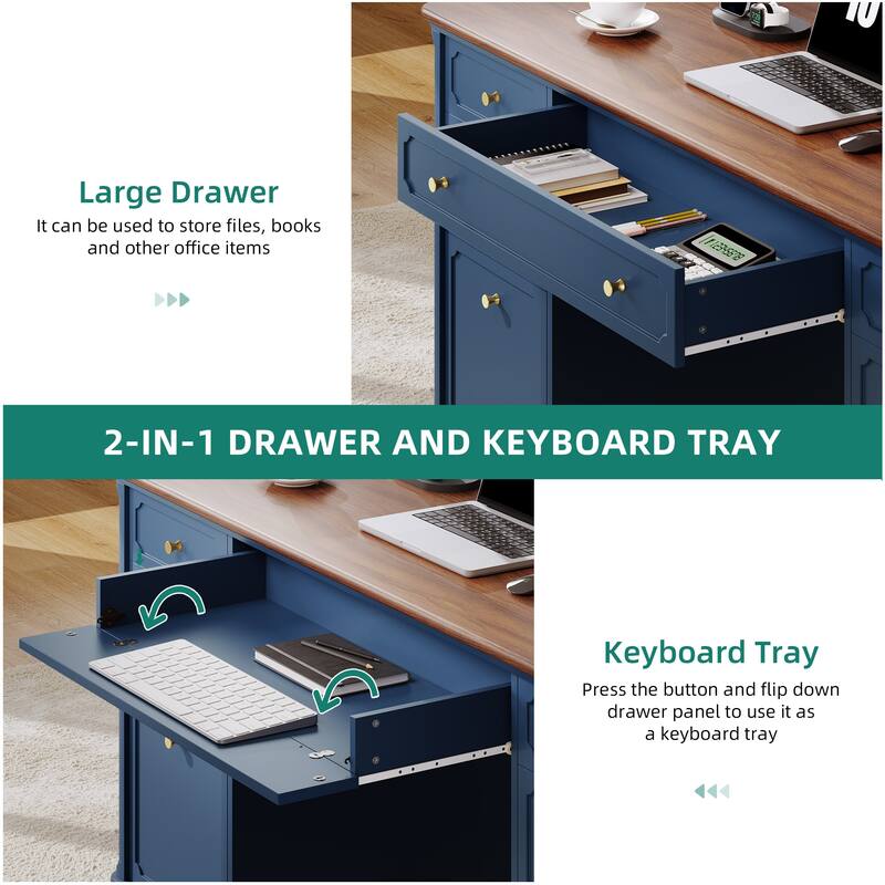 Moasis Farmhouse 59" Executive Desk with Drawers and Power Outlets Home Office Computer Desk