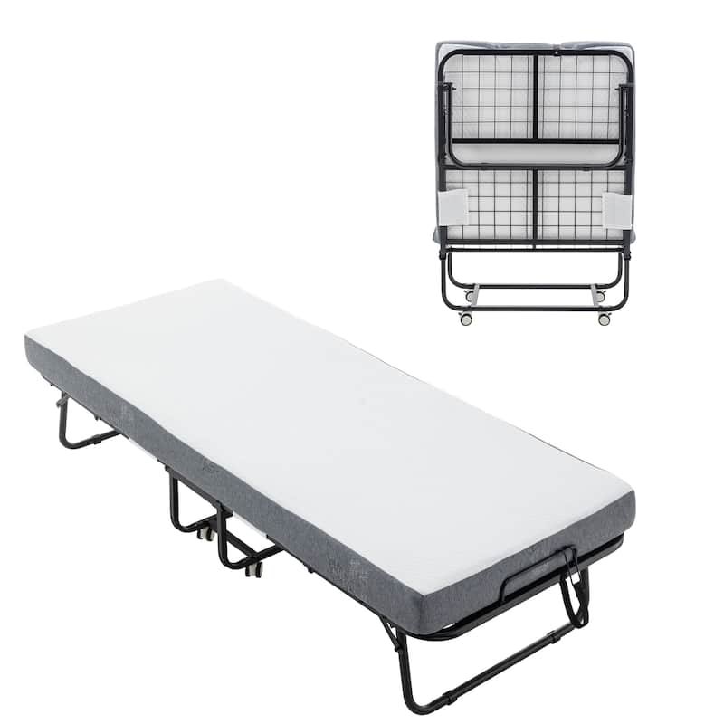 Portable Folding Bed Rollaway Bed with Memory Foam Mattress, Wheels