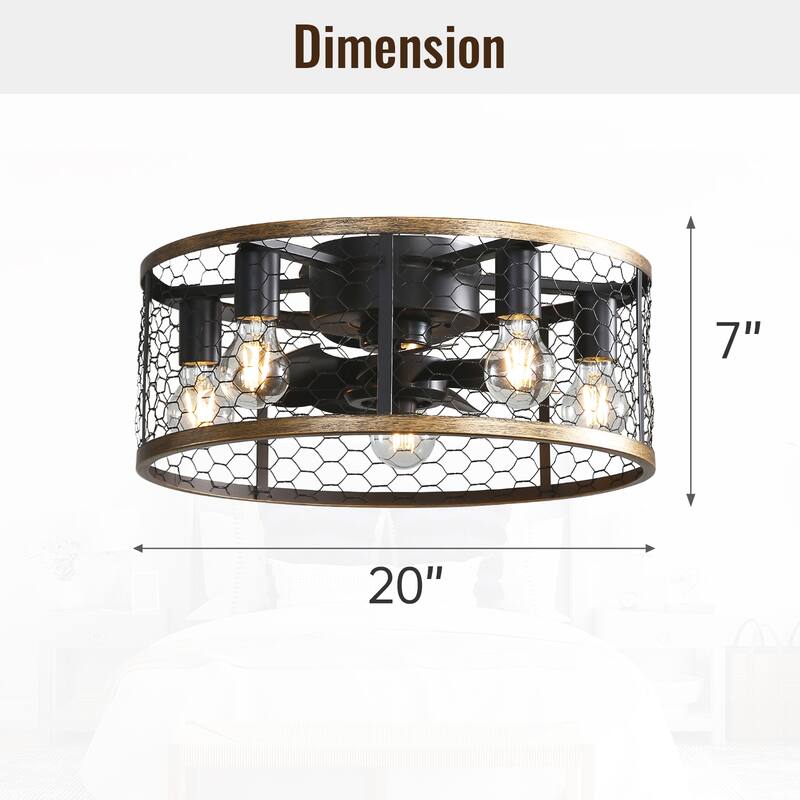 20 Inch Farmhouse Ceiling Fan Light Flush Mount Caged Lights Kit With Remote Control