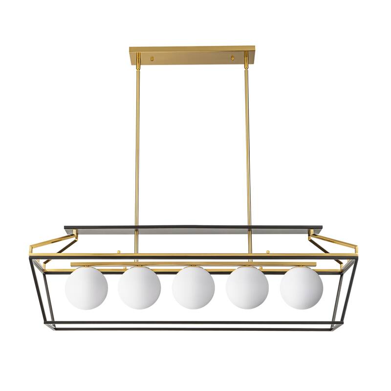 5-Light Modern Linear Chandelier in Matte Black and Brass Finish with Milky White Glass Globes for Dining Room or Kitchen Island