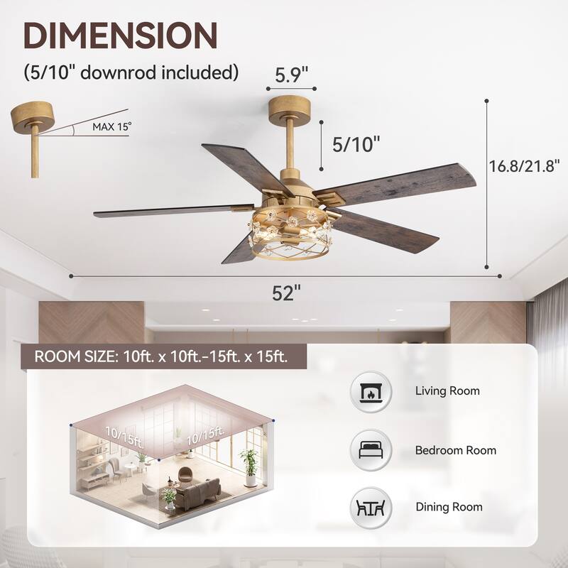 52" Reversible 5-Blade Farmhouse Glam Floral Glass Caged Ceiling Fan with Light and Remote