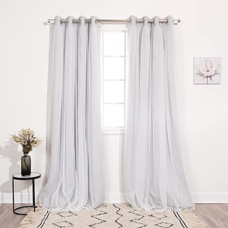 Aurora Home Star Punch Tulle Overlay Blackout Curtain Panel Pair - 52"W X 63"L - Light Grey